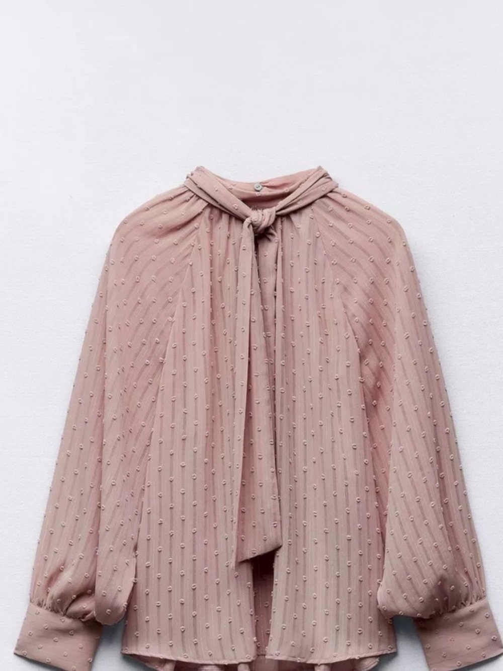 Zara Blush Pink Swiss Dot Tie Neck Bow Blouse Size Small